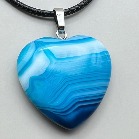 New Heart Shaped Blue Botswana Striped Agate Petite Pendant Necklace with Cord - Picture 7 of 7